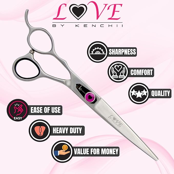 Kenchii Left Handed Dog Grooming Scissors | 7 Inch Shears | Straight Scissors for Dog Grooming | Love Collection Dog Shears | Pet Grooming Accessories | Pet Hair Trimming Scissor