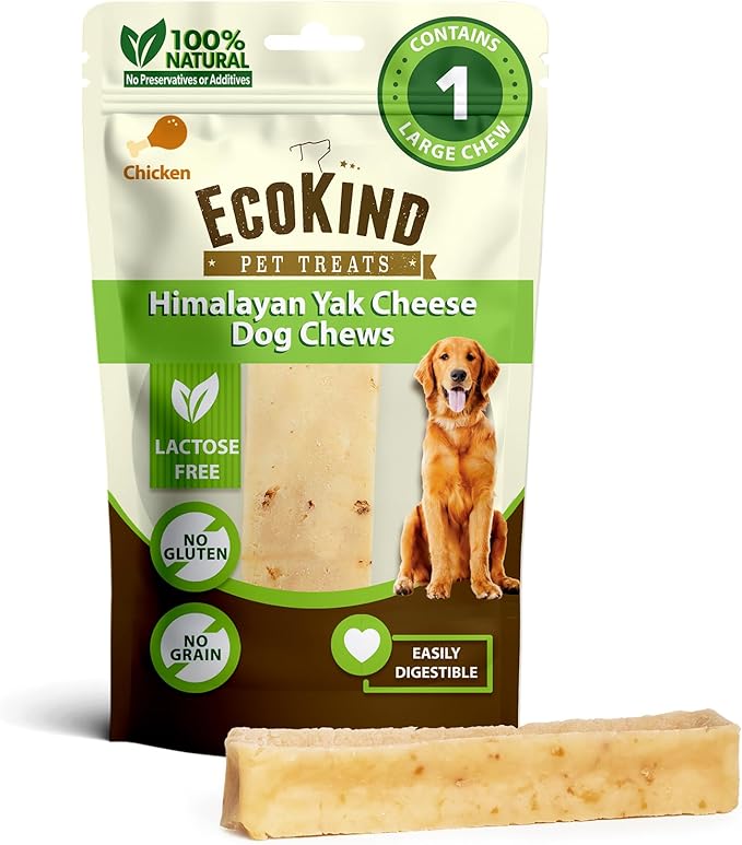 EcoKind Premium Gold Yak Cheese Himalayan Dog Chews, Dog Treats Large Breed, All Natural, High Protein Dog Chew, Chicken, Large - 1 Chew