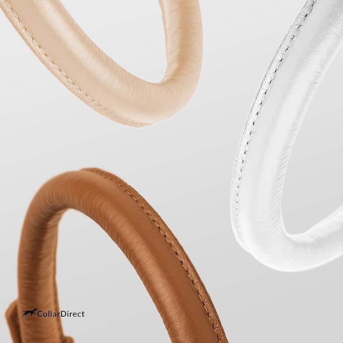 CollarDirect Rolled Leather Dog Collar, Soft Padded Round Puppy Collar, Handmade Genuine Leather Collar Dog Small Large Cat Collars 13 Colors (6-7 Inch, Beige Textured)