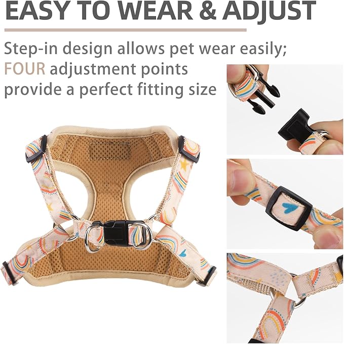 PUPTECK No Pull Dog Harness and Leash Set Reflective No Choke Step in Puppy Halter for XS Small and Medium Sized Dogs, Beige, Printed Fabric, L
