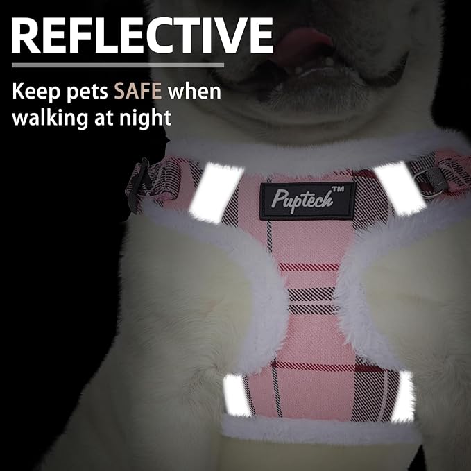 PUPTECK No Pull Dog Harness and Leash Set Reflective No Choke Step in Puppy Halter for XS Small and Medium Sized Dogs, Pink Plaid, Plush, M