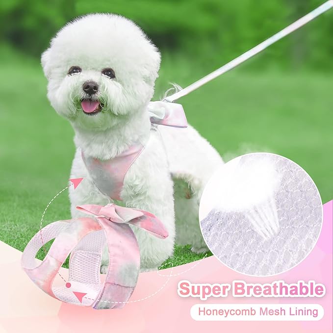PETCARE Cute Bow Tie Dog Harness and Leash Set Elegant Rainbow Gradient Puppy Harness No Pull Soft Mesh Pet Cat Dog Vest Harnesses for Small Dogs Cats, Pink
