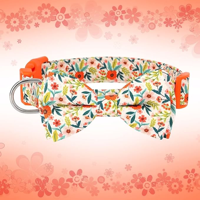 Didog Floral Dog Collar with Bow, Cute Girl Dog Collars with Detachable Bowtie, Soft & Comfy Spring Summer Dog Collar for Small Medium Large Dogs Gift Holiday, Orange, L
