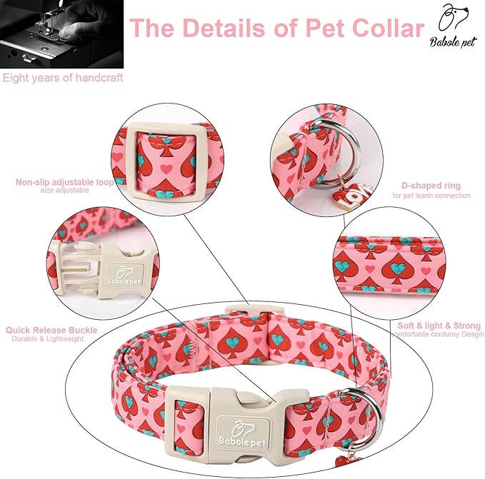 Valentine's Day Dog Collar - Cute Pink Valentines Dog Collar Girl Boy Durable Adjustable Spade Heart Pattern Charm Dog Collars for Small Medium Large Dogs XS