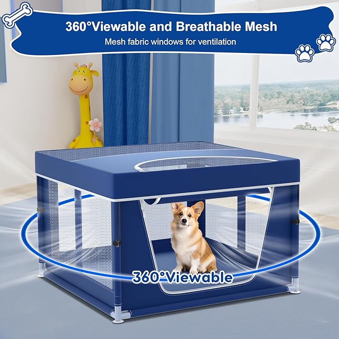42x42x26 Inches Puppy Playpen with Top Cover, Dog Playpen for Small or Puppy, DogFence Pet Playpen for Indoor & Outdoor, Sturdy Safety Dog Pen with Durable Mesh Windows, Blue