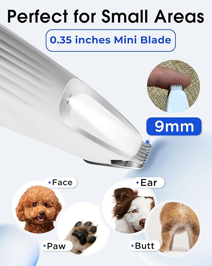 Upgraded Dog Paw Trimmer with LED Light, 9 mm Mini Blade (0.35 inches), Smart Display, Type-C Rechargeable Pet Clippers for Small Dogs Cats Trimming Paws, Eyes, Ears, Face, and Rump