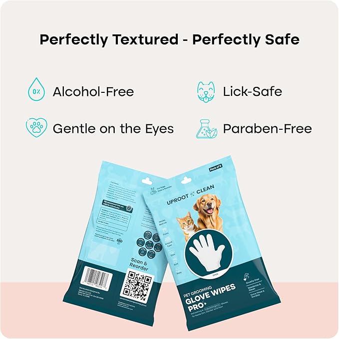 Uproot Clean Dog Cleaning Gloves: 1 Month Supply - Extra-Thick Pet Glove Wipes for Dogs & Cats - Easy Wipe Paws, Eyes, Ears, Butt, & Body - Lick-Safe - Cleaning, Deodorizing & Grooming (6 Pack)