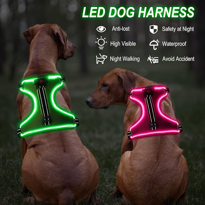 Light Up Dog Harness No-Pull LED Dog Harness with Handle Rechargeable Lighted Dog Vest Harness Dog Harness for X-Small/Small/Medium/Large/X-Large Size (Green, L)