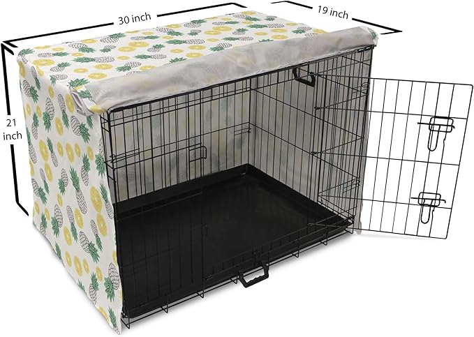 Lunarable Pineapple Dog Crate Cover, Doodle Style Whole and Sliced Pieces, Easy to Use Pet Kennel Cover for Cats & Medium Dogs, 30 Inch, White Yellow Jade Green