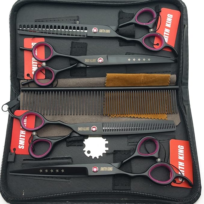 Professional Dog Grooming Shears Set Dogs Straight & thinning & Curved scissors & chunkers Scissorswith comb in 1 Set for Right-handed & Left-handed (7 in. Black Left-handed)