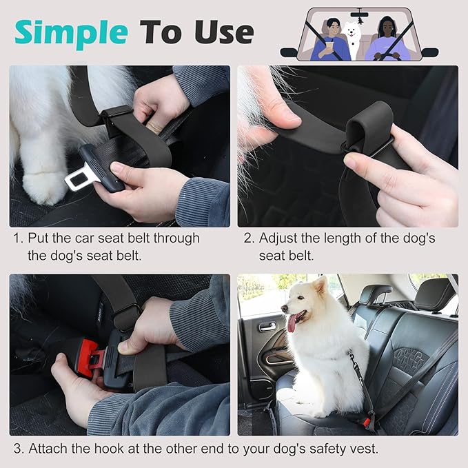 Pawaboo Dog Car Seatbelt, Universal Pet Safety Belt, Chew-Proof Dog Car Restraint with Adjustable Strap, Nylon Woven Belt & PVC Shell Dog Seatbelt Harness, Dog Leash with 360° Hook, 20 in, Black