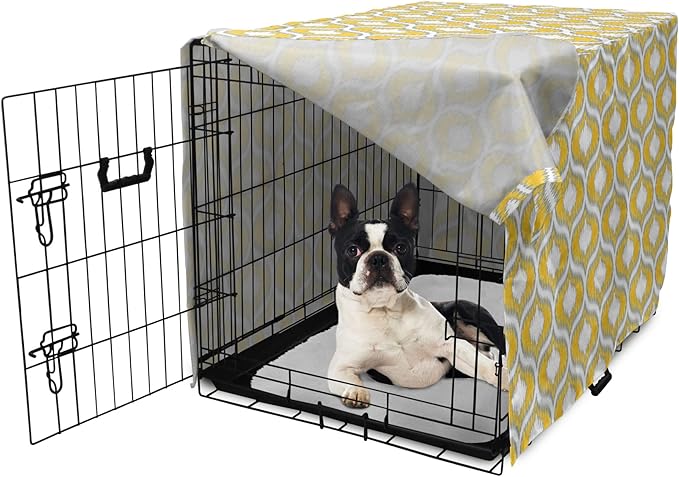 Lunarable Mustard Dog Crate Cover, Eastern Ikat Style Pattern with Modern Blurry Color Distortion Effects, Easy to Use Pet Kennel Cover for Small Dogs Puppies Kittens, 22 Inch, Grey Yellow