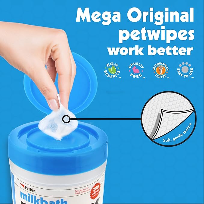 Petkin Mega PetWipes, 200 Wipes - Pet Wipes for Dogs and Cats - For Face, Paws, Ears, Body and Eye Area - Super Convenient Dog Cleaning Wipes, Ideal for Home or Travel - Easy to Use