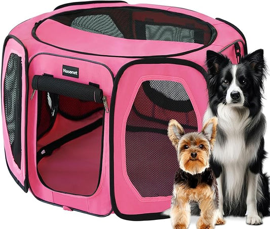 Dog Playpen, Cat Dog Crate Portable Pet Exercise Cage Kennel House Puppy Playpen Animal Playpen Indoor/Outdoor, Water-Resistant Kennel Tent with Traveling Bag (Pink, Large)