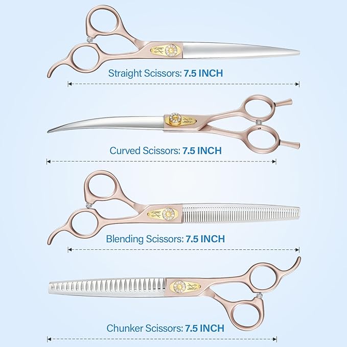 JASON Dog Grooming Scissors Kit, Professional 6 in 1 Dog Scissors Sharp Shears Set - 7.5" Thinning, Chunker, Straight, Curved Shears and Comb for Dog Cat Pet, Rosegold