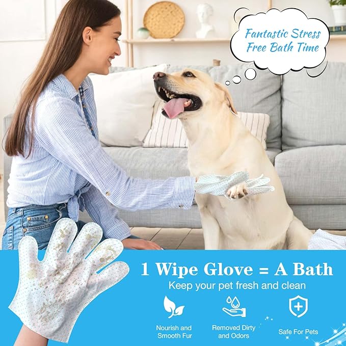 Dog Cleaning Gloves Wipes 15pcs Deodorizing Disposable Pet Grooming Bathing Gloves Extra Thick, No Rinse Shampoo Dry Cleaning Gloves Lick Safe for Dogs & Cats Paw Face Ear Fur and Butt