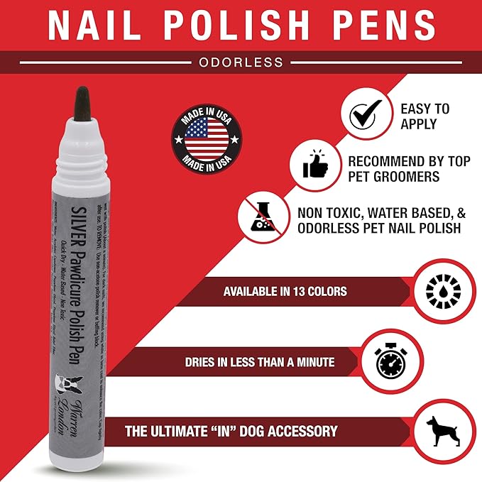Warren London Pawdicure Dog Nail Polish Pens | Made in USA | Quick Dry, Low Odor, Non-Toxic Dog Accessories | Ideal for Dog Birthday, Dog Costume | 13 Colors | Silver
