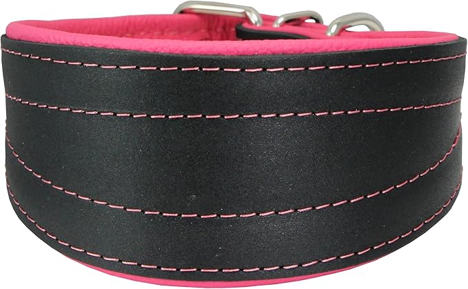 Real Leather Extra Wide Padded Tapered Dog Collar Glossy Black Greyhound Saluki Deerhound Lurcher Whippet Dachshund (16.75"-20" Neck; 3" Wide, Pink)