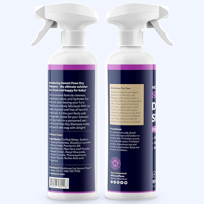 Honest Paws Dog Dry Shampoo - Waterless No Rinse Spray Formula Reducing Itch Cleanse Hydrate Nourish Dry Skin and Smelly Coat Help Decrease Odor Shedding and Allergies - Oatmeal & Lavender - 16 oz
