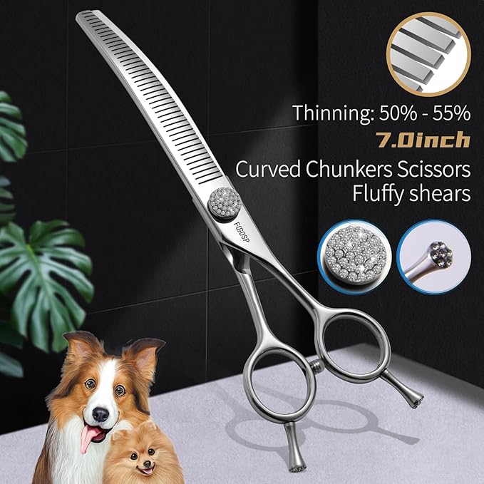 Professional Curved Comb Thinner Dog Grooming Scissors 7'' Curved Thinning Shears for Dogs Pet 56 Teeth 50% Thinning Rate Japan VG10 Sharp and Smooth Right Handed