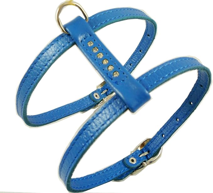 Genuine Leather Dog Harness for Toy Breeds X-Small. 10"-13" Chest Circumference Rhinestones (Blue)