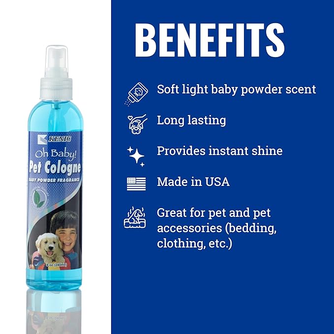 Kenic Oh Baby Pet Cologne – Long-Lasting Baby Powder Scented Dog & Cat Deodorizing Spray – Odor Neutralizing & Coat Refreshing – Made in the USA – 8 oz