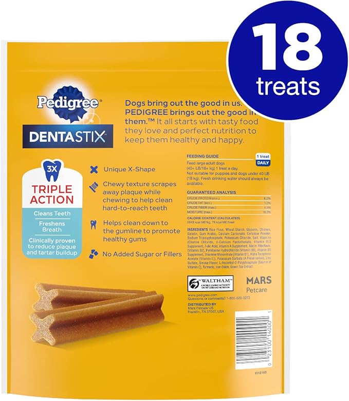 PEDIGREE DENTASTIX Large Dog Dental Treats Original Flavor Dental Bones, 14.99 oz. Pack (18 Treats)