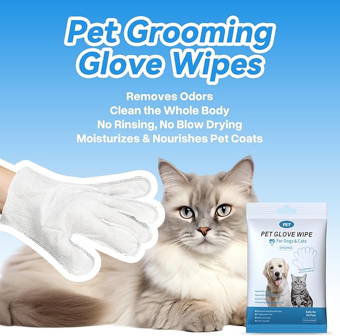 Pet Glove Wipes for Dogs Cats, Cleaning & Deodorizing Grooming Gloves, Dog Wipes for Body Daily Care, Cat Grooming Wipes Cleaning Fur Traveling Rinse Free, Odorless and Unscented, 3pack/18pcs