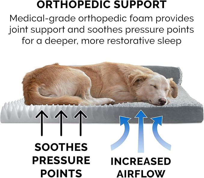 Furhaven Orthopedic Dog Bed for Large Dogs w/ Removable Bolsters & Washable Cover, For Dogs Up to 95 lbs - Two-Tone Plush Faux Fur & Suede L Shaped Chaise - Stone Gray, Jumbo/XL