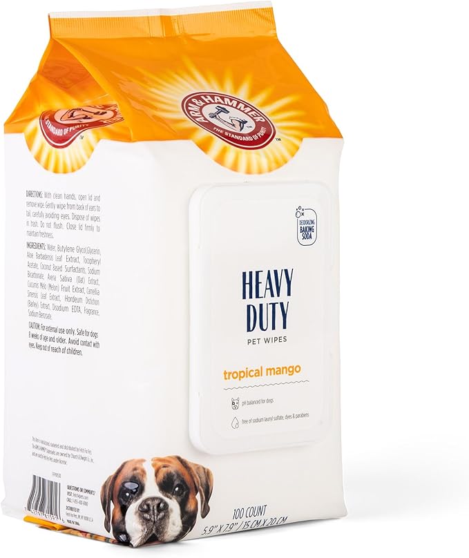 Arm & Hammer for Pets Heavy Duty Multipurpose Pet Bath Wipes | Dog Wipes Remove Odor & Refreshes Skin | Mango Scent, Dog Grooming Wipes for Pets (Pack of 12,1200 Count Total)