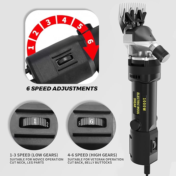 PAT JUUMG 1000W Sheep Shears Electric Farm Livestock Haircut with 2 Blades Professional Animal Clippers 6 Speed Heavy Duty Electric for Thick Horses Sheep Alpacas Goats(Black)