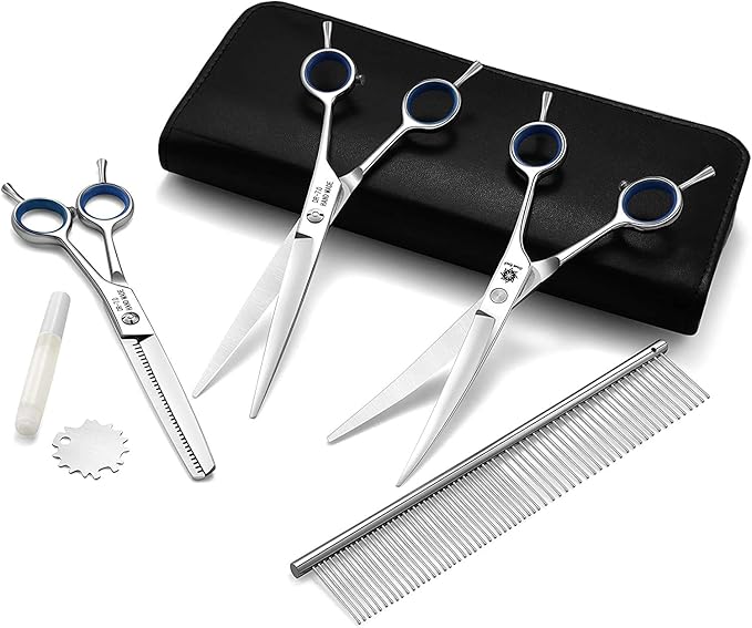 Dream Reach Dog Grooming Scissors - 7'' Professional Pet Cat Hair Scissors Set - Best Cutting & Curved & Thinning Shear Scissors & Grooming Comb Kit for Small Large Dogs Cats Pets