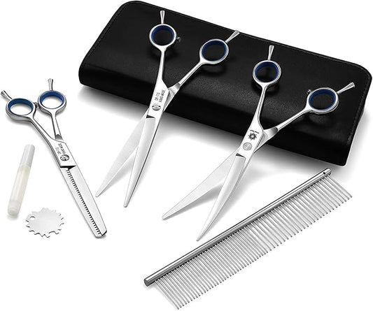 Dream Reach Dog Grooming Scissors - 7'' Professional Pet Cat Hair Scissors Set - Best Cutting & Curved & Thinning Shear Scissors & Grooming Comb Kit for Small Large Dogs Cats Pets