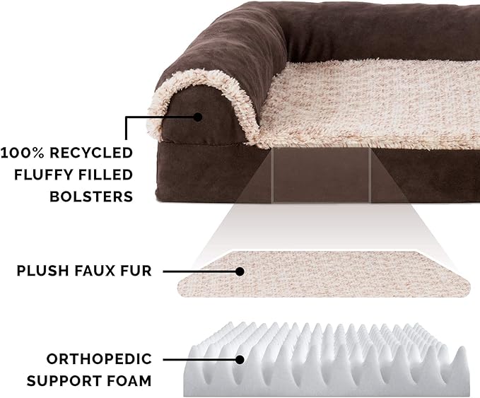 Furhaven Orthopedic Dog Bed for Large Dogs w/ Removable Bolsters & Washable Cover, For Dogs Up to 95 lbs - Two-Tone Plush Faux Fur & Suede L Shaped Chaise - Espresso, Jumbo/XL