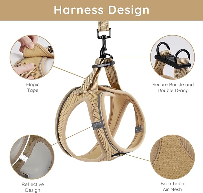 BELLA & PAL Puppy Harness with Leash Set, Dog Harness for Small Dogs No Pull, Dog Leash for Small Dogs, Step in Harness for Extra Small Dogs, Khaki Harness, XS