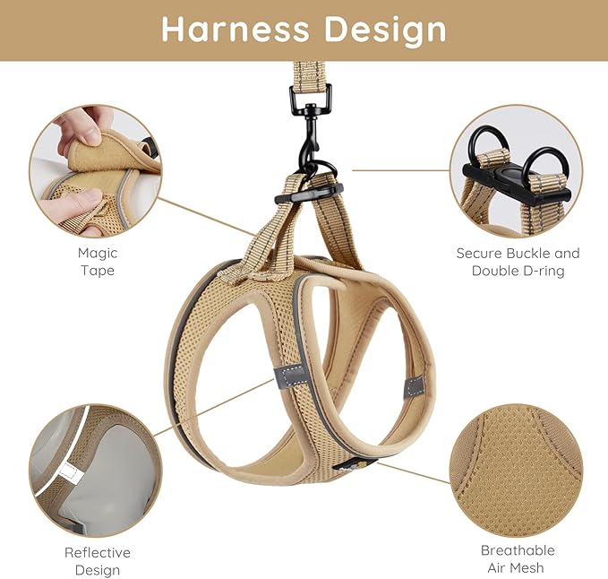 BELLA & PAL Puppy Harness with Leash Set, Dog Harness for Small Dogs No Pull, Dog Leash for Small Dogs, Step in Harness for Extra Small Dogs, Khaki Harness, XXS