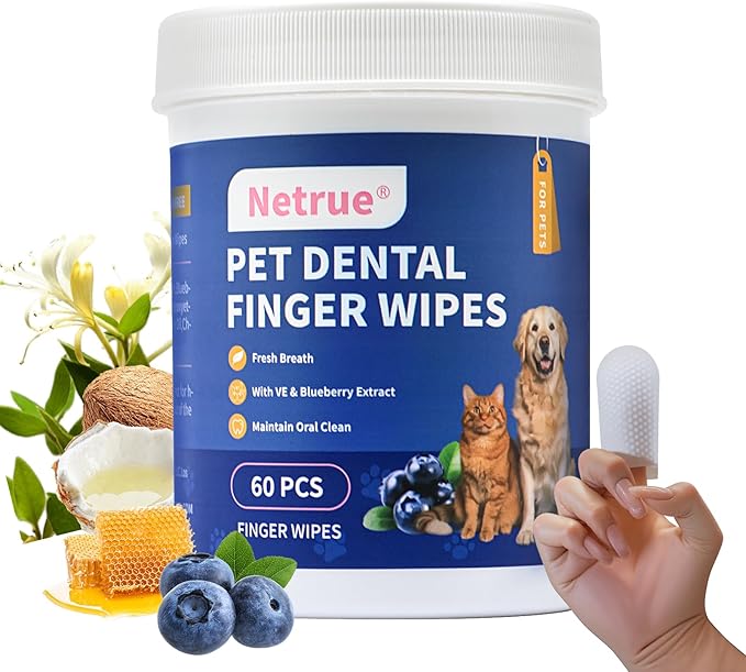 Netrue Dog Teeth Cleaning Wipes, Dog Dental Cleaning Finger Wipes for Dogs Teeth,Dog Tooth Wipes- Reduces Plaque & Freshens Breath (60 Count)