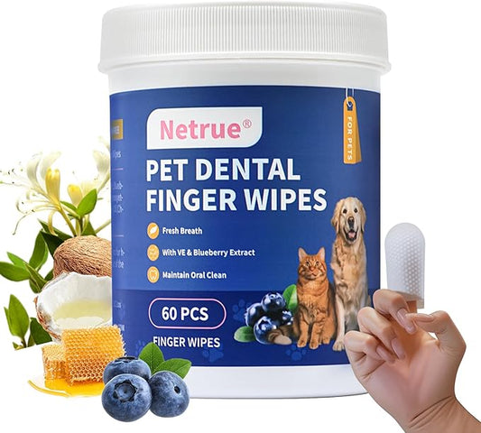 Netrue Dog Teeth Cleaning Wipes, Dog Dental Cleaning Finger Wipes for Dogs Teeth,Dog Tooth Wipes- Reduces Plaque & Freshens Breath (60 Count)