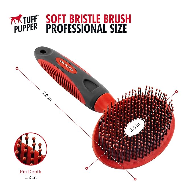 Tuff Pupper Round Bristle Soft Brush for Dogs and Cats | Gentle Grooming for Short or Long Hair | Soft Pin Tool for Sensitive Skin | Detangle & Remove Loose Fur | For Dematting & Detangling Undercoat