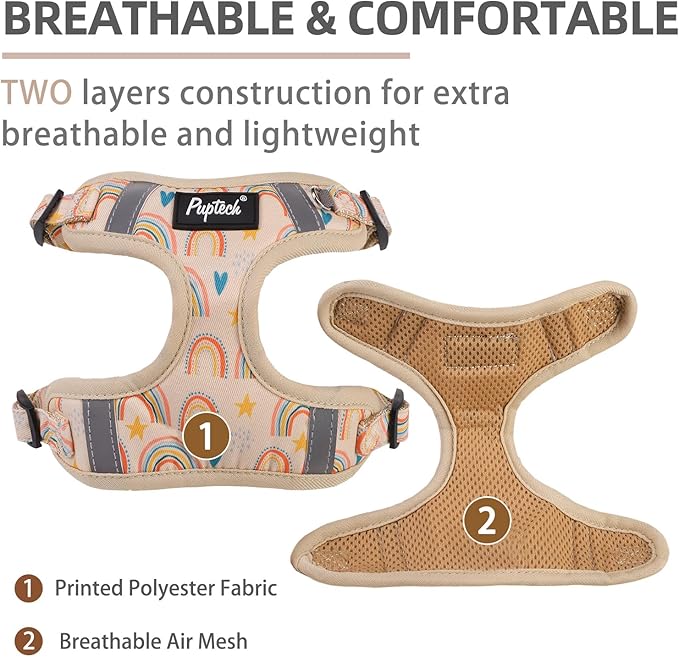 PUPTECK No Pull Dog Harness and Leash Set Reflective No Choke Step in Puppy Halter for XS Small and Medium Sized Dogs, Beige, Printed Fabric, L