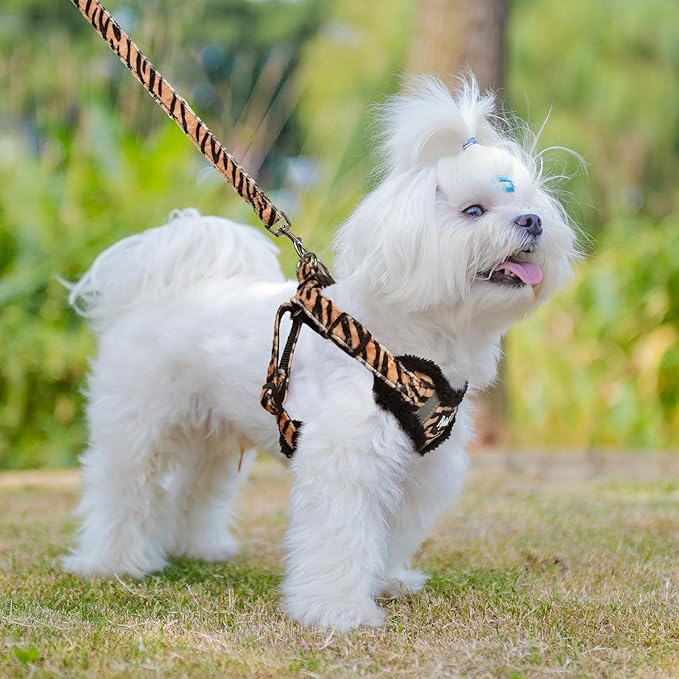 PUPTECK No Pull Dog Harness and Leash Set Reflective No Choke Step in Puppy Halter for XS Small and Medium Sized Dogs, Brown Tiger Print, Plush, S