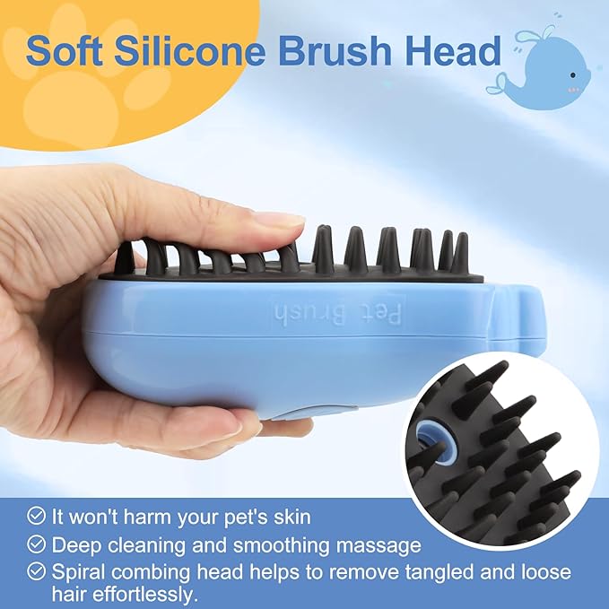Cat Steam Brush, 3 in 1 Cat Steamy Brush, Silicone Massage Grooming Brush, Pet Hair Self Cleaning Brush Comb for Cats Dogs(Blue Whale)