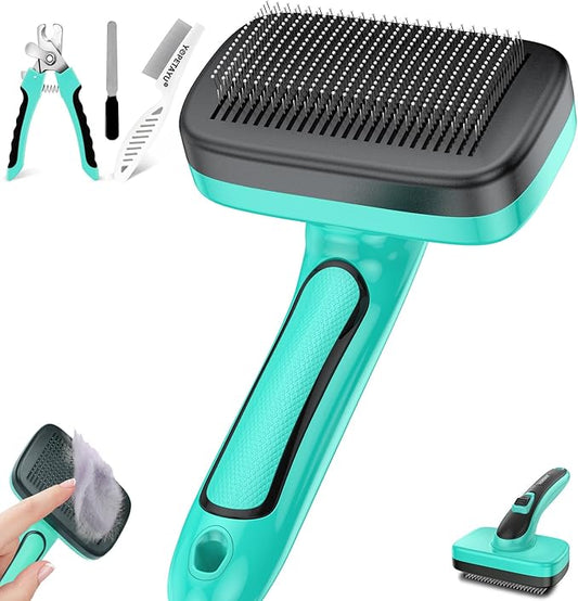 Dog Brush for Shedding, Self-Cleaning Slicker for Short & Long Haired Pets, Removes Mats, Tangles, Fur, Gentle on Skin, Ideal for Small, Medium, Large Dogs. Includes Flea Comb & Nail Clipper