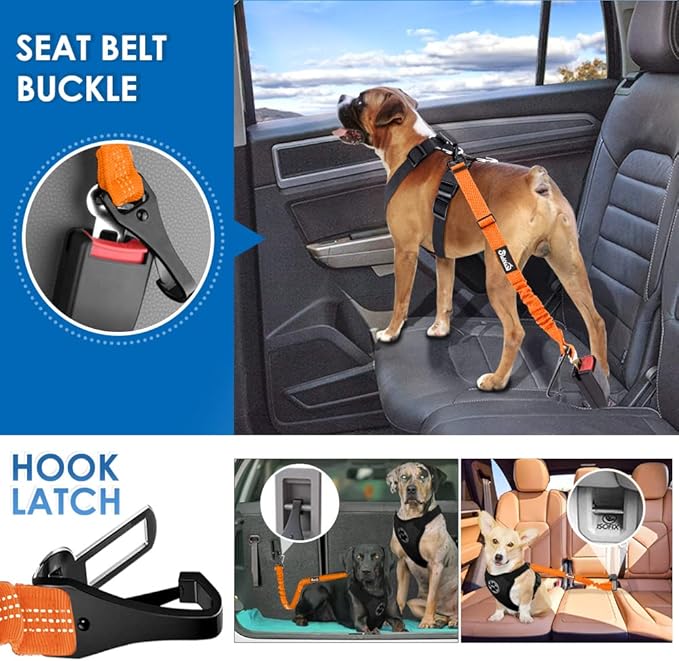 Lukovee Dog Seatbelt Leash for Cars, 2 Pack Pet Safety Car Seat Belt with Adjustable Buckle & Reflective Bungee, Connect Dog Harness in Vehicle Car Dogs Restraint Travel Daily Use (Orange)
