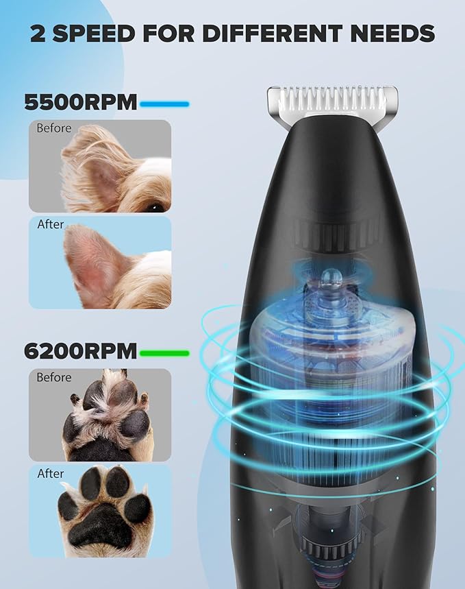 Dogs Paw Trimmer, 2 Speed Low Noise Dog Clippers for Grooming, Cordless Rechargeable Dog Hair Trimmer with LED Light, Widen Blade Cat Pet Hair Shaver for Paws, Eyes, Ears, Face, Rump (Black)