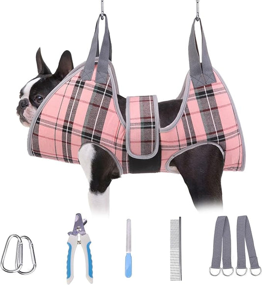 BEAUTYZOO Dog Grooming Hammock for Small Dogs Cat- Dog Sling for Nail Trimming/Clipping- Dog Hanging Harness Holder with Thick Fabric Neck Support & Strap Restraint Claw Care, Pink M