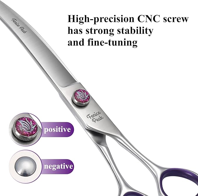 Fenice Peak 7'' Dog Grooming Scissors Set 4PCS Straight Curved Thinning Chunker Shears with Purple Finger Rings and Flashing Screw 440C Stainless Steel Natural Color Trimming Shears Durable and Sharp