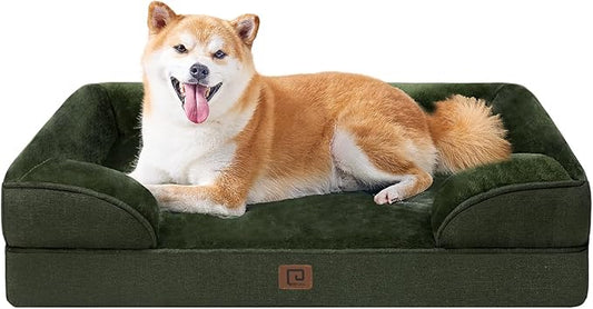 EHEYCIGA Orthopedic Dog Beds for Large Dogs, Waterproof Memory Foam Large Dog Bed with Sides, Non-Slip Bottom and Egg-Crate Foam Large Dog Couch Bed with Washable Removable Cover, Dark Green