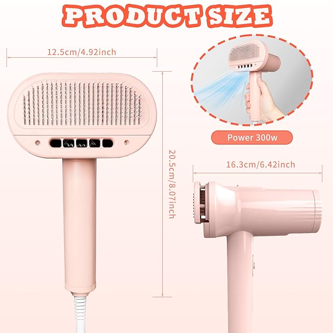 2-in-1 Pet Grooming Dryer and Brush - Overheating Protection, 3 Blowing Modes, Low Noise - Ideal for Small and Medium Dogs/Cats - Slim Handle (PINK)