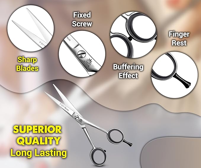 ARSUK Dog Grooming Scissors 7-Inch – Professional Pet Hair Cutting Shears for Dogs, Cats & Horses – Straight Stainless Steel Trimming Scissors with Rubber Grip & Finger Rest